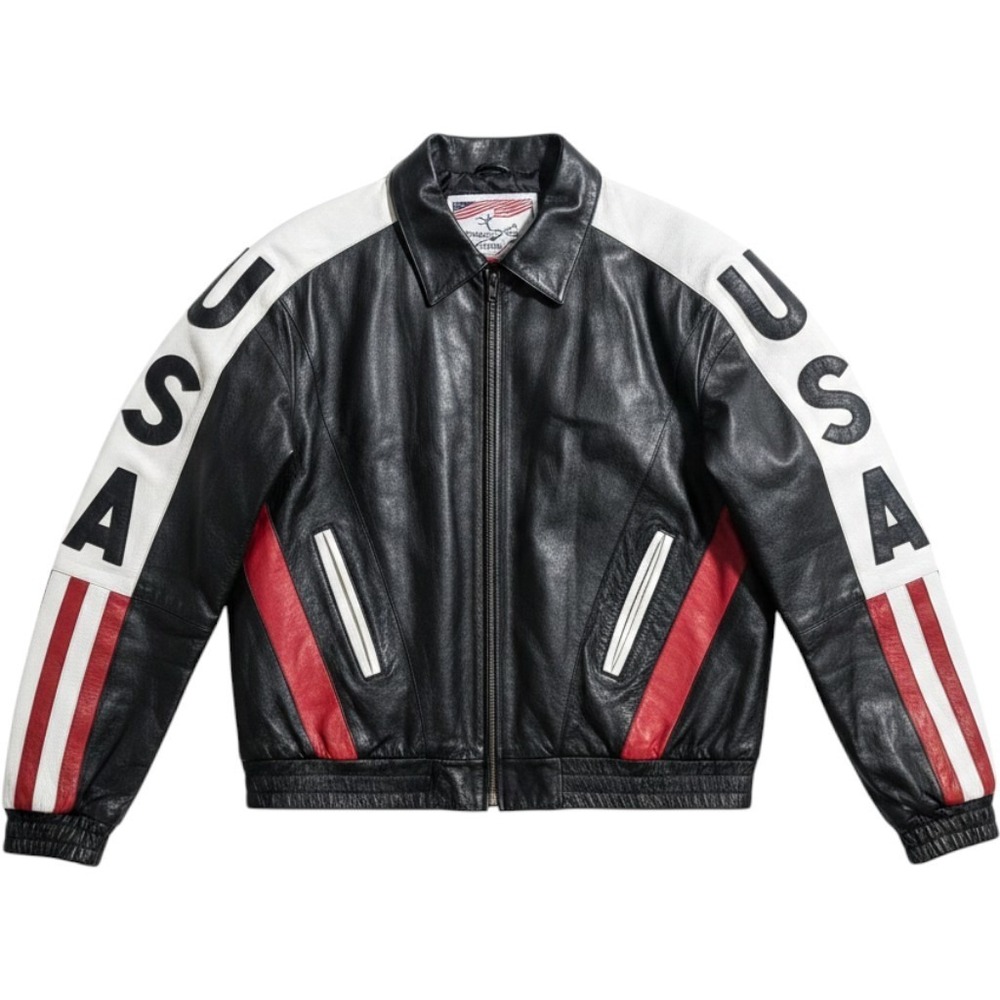 VTG Caribou Creek Mens 3XL Leather Bomber Jacket American Flag USA